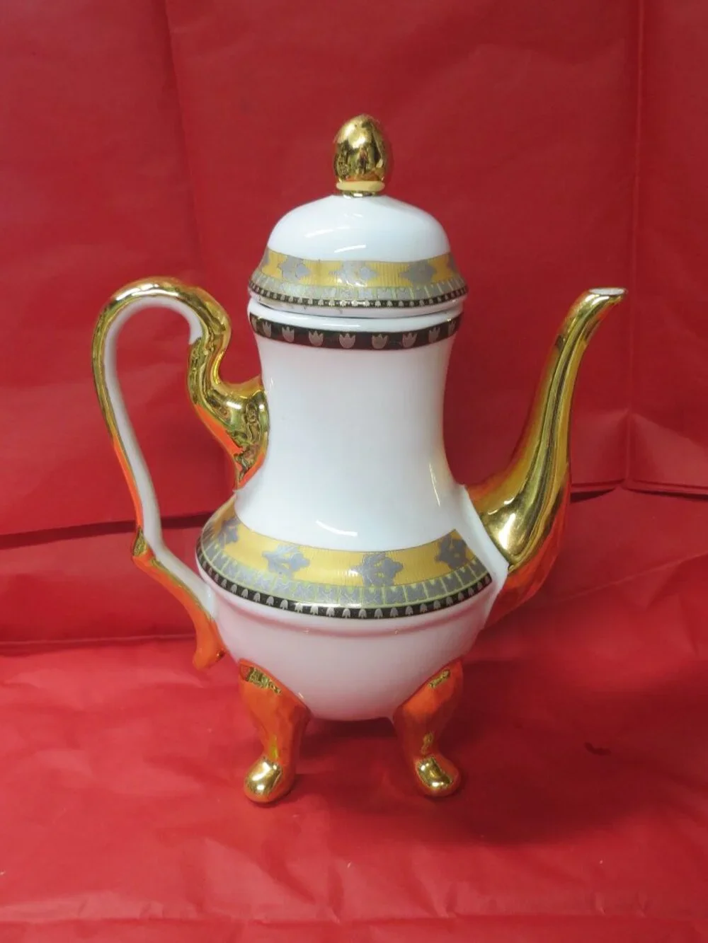 Vintage White and Gold Porcelain Coffee Pot with Decorative Tulip Floral Band
